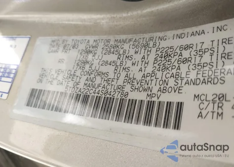 2004 Toyota Sienna Xle из США, поврежденный, VIN 5TDZA22C44S042780